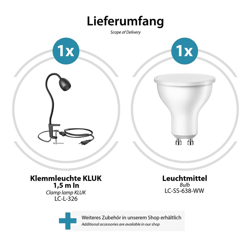 ledscom.de KLUK GU10 Clamp Light with Gooseneck, Black with GU10,