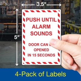 ComplianceSigns.com Vertical Push Until Alarm Sounds Door Can Be Opened in 15 Seconds Label Decal, 5x3.5 in. 4-Pack Vinyl for Enter/Exit
