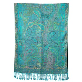 Achillea Luxurious Double Layered Jacquard Big Paisley Pashmina Shawl Wrap Scarf, Tapestry Turquoise Pink, 80" X 28'