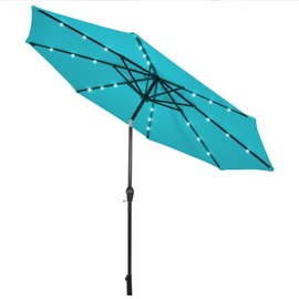 HAPPYGRILL 10 FT Patio Umbrella with Lights Outdoor Solar Powered Sun Umbrella with Tilt Crank Umbrella for Garden Poolside Backyard Beach (Turquoise)