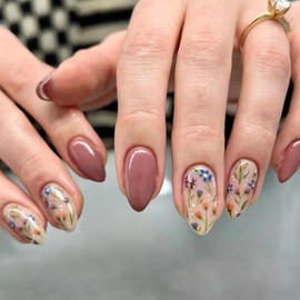 Flower Press on Nails Short Almond Fake Nails with Fall Lavender Designs Colorful Autumn Floral Stick on Nails Full Cover Glossy Acrylic Nails Glue on Nails Reusable False Nails for Women Girls 24Pcs