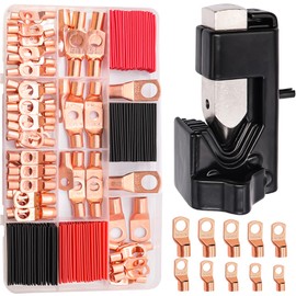 Taiss 160PCS Battery Cable Ends with Hammer Lug Crimper Tool,AWG 2/4/6/8/10/12 Gauge copper lugs assortment,Copper Wire Lugs,Copper Ring Terminals Connectors with Heat Shrink