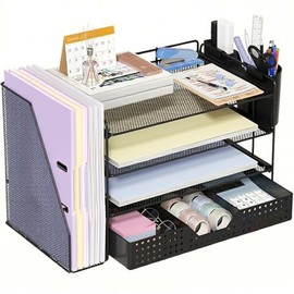 ECOLOVI Organizador de escritorio, organizador de papel de 4 niveles con soporte para archivos, cajón y 2 soportes para bolígrafos, organizador de arc