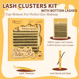 QUEWEL Lash Clusters Kit with Bottom Lashes, Cluster Lashes Kit 10-18mm 3D Wispy Eyelash Clusters Natural Look with Lash Bond and Seal, Lash Applicators for a Charming Eye-Makeup (Bottom&Upper02)