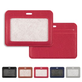 1 Pcs Leather ID Badge Holder, Horizontal ID Badge Holder, Red ID Card Holder, Multiple Card Slots Leather ID Holder for Offices, Staff, Students, Employees