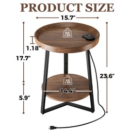 Gadroad Round End Table with Charging Station, USB Ports, Wood Tabletop & Black Metal Frame, 2-Tier Side Table for Living Room, Bedroom, Cherry Brown 15.7 * 15.7 * 23.6inches
