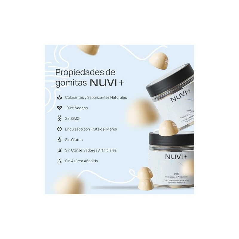 NUVI Gomitas de Prebiticos Probiticos Suplemento alimenticio 100 vegano, natural