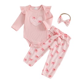 Newborn Baby Girl Outfits Infant Auntie Letter Ribbed Knit Romper Floral Pant With Headband Cute Baby Fall Clothes (Pink Heart, 12-18 Months)