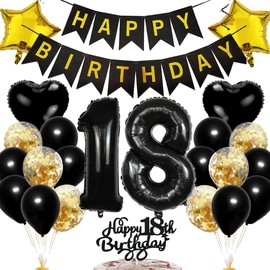 Ouceanwin 34th Birthday Decoration Set, Black Gold, 24 Pieces, Balloons, Banners, Confetti, Unisex Adult, Biodegradable