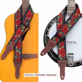 Nefelibata Banjo Strap, 2" Wide Double Full Grain Cowhide Guitar Strap Adjustable Replacement,Multi-pattern Guitar Strap With Headstock Rope and Leather Headband(Large Red Embroidery)