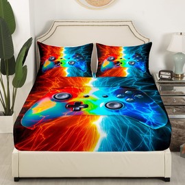 Loussiesd Boys games bed sheet set lightning gamepad fitted sheet children teenagers splicing video game gamepad fitted sheet game controller 2pcs red blue Single Size