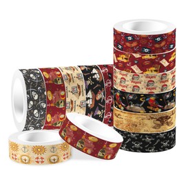 MOZUI 12 Rolls Pirate Washi Tape Set - 15mm Brown Pirate Ship Decorative Tape for Journals, Scrapbooking, DIY Crafts, Gift Wrapping (12 Retro Nautical Designs)