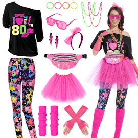 Aragallant 80s Outfit Women's Theme Party 80s Costume, Carnival Costume with T-Shirt, Tutu, Headband, Belt Bag, Earring, 80s Neon Party Costume for Girls (Multicoloured, L)