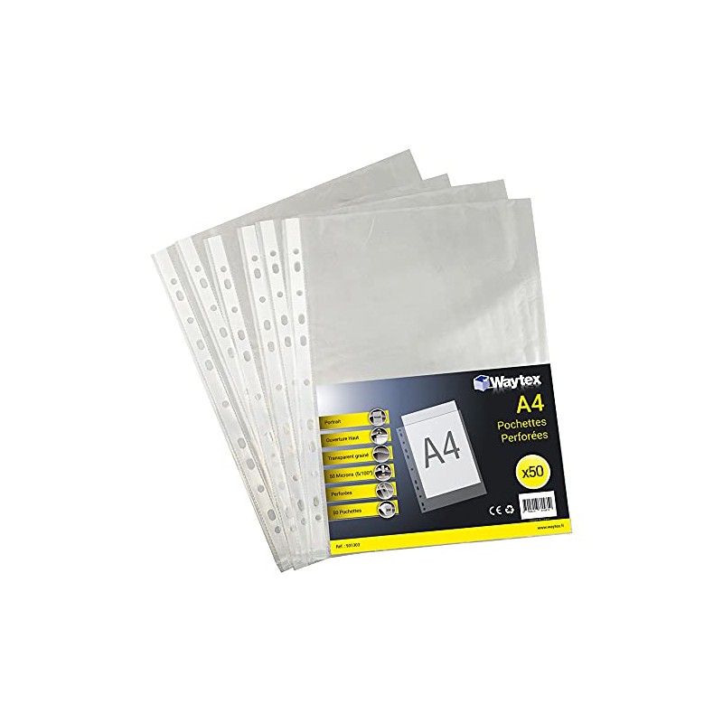 Waytex 931303 Punched Pockets A4 Clear Grained 50 Micron -