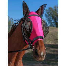 HackFond Horse Fly Mask Generous&Fine Mesh Eye Covers and Ears Elasticity Fly Mask Snug Fitting Comfortable Breathable Lightweight Equine Stretchy Fly Mask Protection for Horses Hot Pink Full