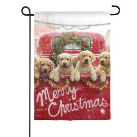 Evergreen Flag Beautiful Christmas Red Truck and Puppies Suede Garden Flag - 13 x 18 Inches Fade and Weather Resistant Outdoor Decoration For Homes, Yards and Gardens