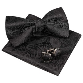 Alizeal Mens Classic Paisley Bow Tie, Hanky and Cufflinks Set, Black