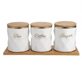 JUXYES Set of 3 Ceramic Canisters Set for Sugar Coffee Tea, Luxurious Storage Containers Set with Lids Decorative Storage Pots White Ceramic Storage Jar for Kitchen Counter Dining Room