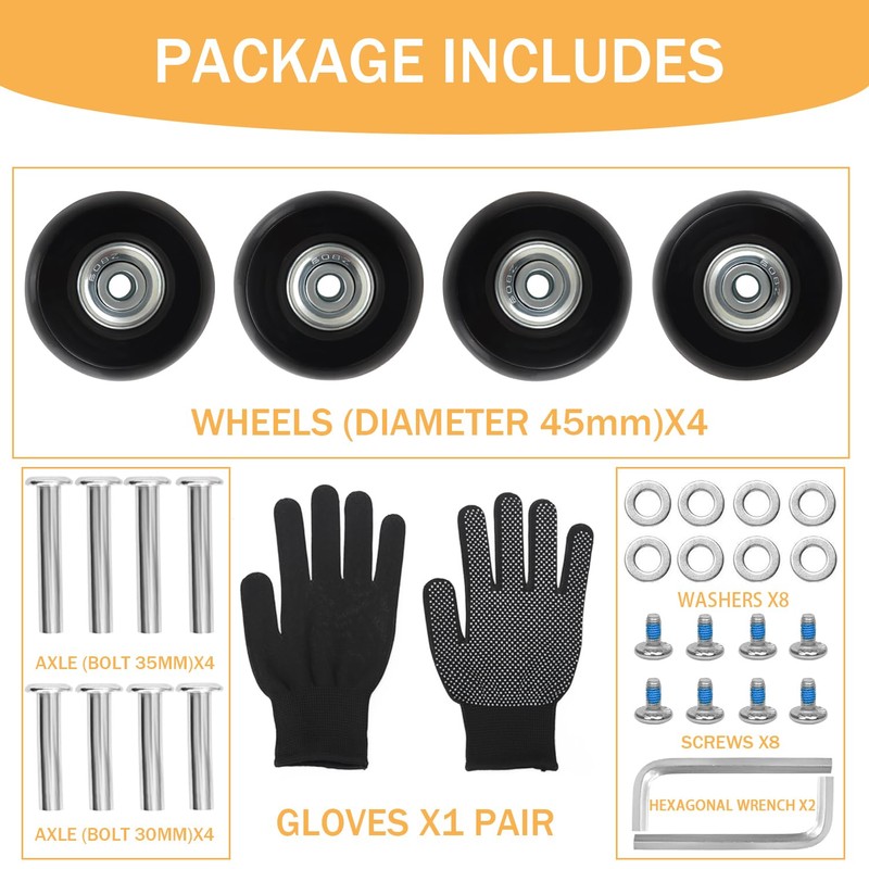45mm x 18mm Luggage Replacement Wheels Set 4Pcs Rubber Swivel