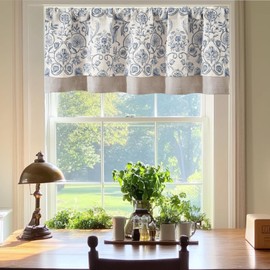 jinchan Linen Valance Kitchen Curtain for Windows Double Layer 18 Inch for Living Room Bedroom Bathroom Window Treatment Blackout Vintage Rustic Farmhouse Cottagecore Rod Pocket 1 Panel Blue on Beige