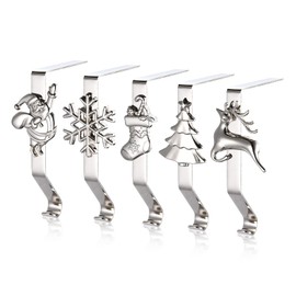 Christmas Stocking Holders for Mantle Set of 5, Weighted Stocking Hangers for Mantel Fireplace, Stocking Hooks for Xmas Decoration (Silver)