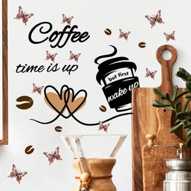 HDKXBEJ Coffee Bar Wall Stickers Decor 3D Butterfly and Coffee Time Wall Decals Peel and Stick Removable DIY Small Coffee Sign Wall Art Decorations for Kitchen Bar Coffee Station Office (Coffee)