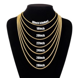 Fiusem Gold Plated Wheat Chain Necklace for Men, 3mm Gold Stainless Steel Necklace Chains for Men and Women 16 Inch