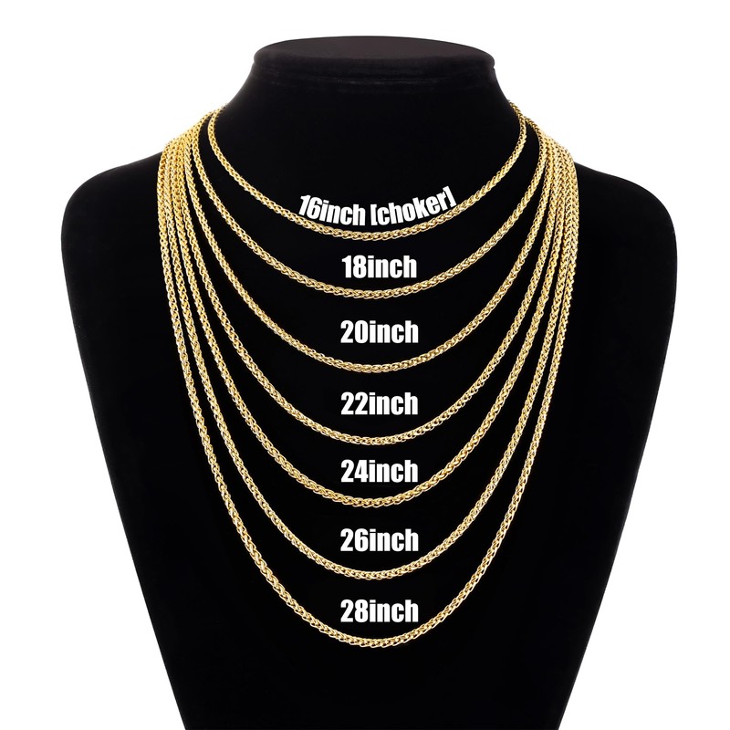 Fiusem Gold Plated Wheat Chain Necklace for Men, 3mm Gold