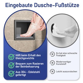 Bernkot Shower Ench, 304 Stainless Steel Wall Recess Matte Black 15 cm x 12 cm for Bathroom, Built-in Footrest in Bathroom with Overmounting, No Tiles Required