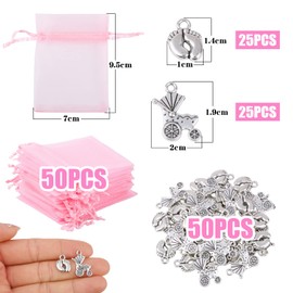 50 Sets Christening Decoration Girls Cute Miniature Pendant Metal with Pink Organza Bag and Plastic Bags for Christening Decoration Gift Wrapping Party Favours Children's Birthday Girls etc.