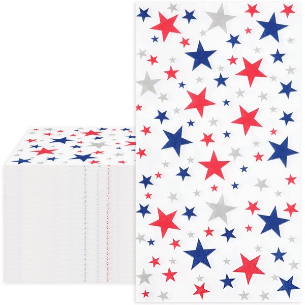 Whaline Patriotic Guest Napkins Red Blue Silver Star Disposable Paper