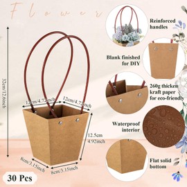 Gilprop 30 Packs Bouquet Bag Kraft Paper Flower Gift Bags with Handle Brown Bouquet Bag Box with Waterproof Lining for Birthday Wedding Party Favors (12.5 x 4.9 x 3.1 Inch)