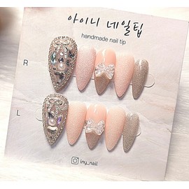 [In-store special discount] Pink puffy full stone handmade nail tip - short nose pin / [입점초특가할인]핑크 뿌글이 풀스톤 수제네일팁 - 숏코핀