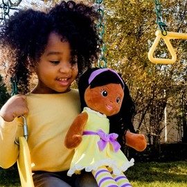 Plushible Plush Baby Doll - 18 Inch African American Rag Dolls for Girls, Infants, Toddlers, & Babies - Babys My First Soft Fabric Body Girl Dolls - Black Yarn Hair - Large Plushie Toys - Kaylie