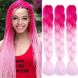 Xiaofeng Colorful Ombre Braiding Hair Extensions 24 Inch 3 Packs High Temperature Jumbo Crochet Braiding Hair for Box Twist Braids (24 Inch (Pack of 3), Hot pink to Pink)