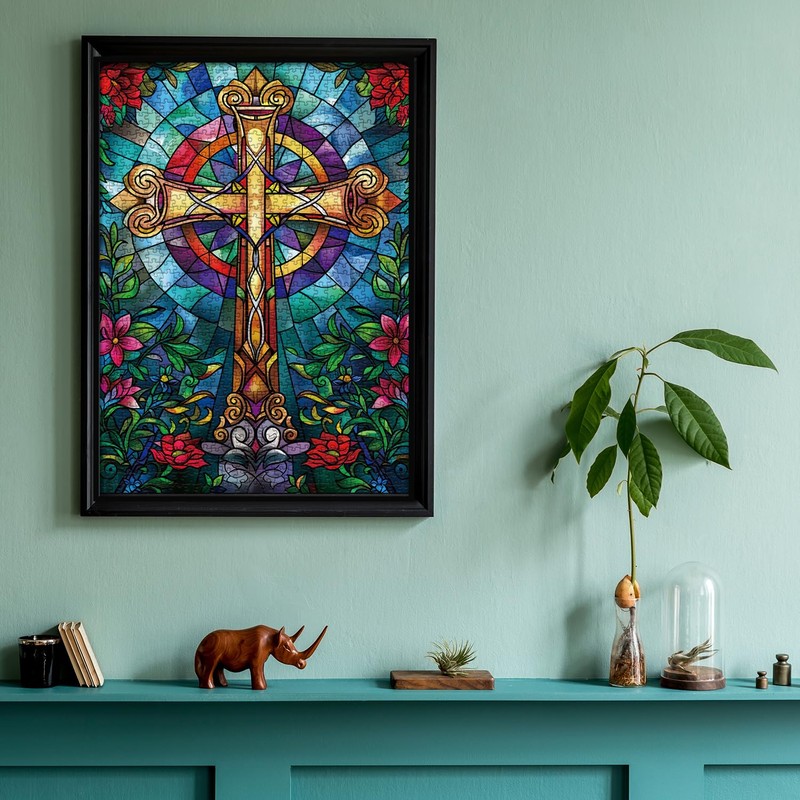 Stained Glass Cross Puzzles for Adults 1000 Pieces, Mosaic Christian