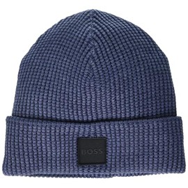BOSS Men's Square Logo Cotton Ribbed Beanie, Black Berry Blue, One Size
