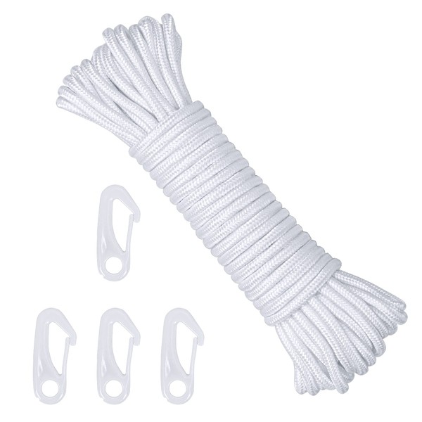 CINVEED 49 Ft 6mm Nylon Flag Rope Washing Line Rope Flag Pole Cord White Flag Halyard Line with 4pcs Flagpole Rope Clips for Outdoor Hanging Clothes Bundled Sailing Rigging Garden