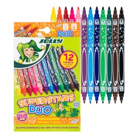 Jolly Superstar Duo Fibre-Tip Pens One Thick and One Thin Tip High-Quality Felt Tip Pen Washable Pack of 12 in Cardboard Box
