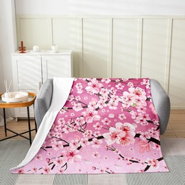 jejeloiu Cherry Blossoms Fuzzy Blanket Throw 50"x60" Japanese Style Fuzzy Blanket Sakura Flower Flannel Fleece Throw Blanket Gradient Pink All Season Bed Blanket for Sofa Couch