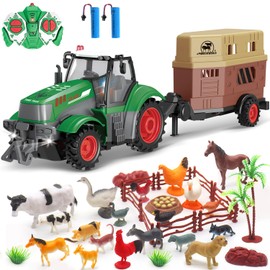 fisca Remote Control Tractor Toy Set with 33PCS Farm Animals Figurines, Livestock Caravan & Fence – 2.4GHz 1/24 Scale Farm Play Set RC Toys Tractor with Light for Kids Age 4, 5, 6, 7 and Up Years Old