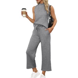 SAMPEEL SAMPEEL Two Piece Sets for Women 2024 Summer Lounge Matching Sets Mock Neck Top Tracksuit Wide Leg Pants Lounge Set Cozy Travel Clothes Business Airpot Outfits Petite Grey M