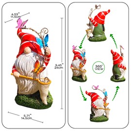 inhildas Solar Powered Gnome Garden Statue with Iron Butterflies - LED Lighted Garden Decorations, Resin Gnome with Butterfly Net, Gifts for Women and Men，Outdoor Decor Ornaments for Outside