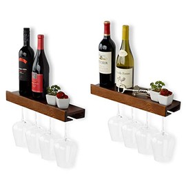 Rustic State Smith Wall Mounted Wood Wine Bottle and Wine Glass Holder Stemware Rack Storage Walnut Set of 2