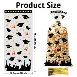 Totelux Graduation Cellophane Goodie Bags Happy Grads Clear Plastic Bags Graduation Cap Treat Bags with Ties for Cookies Candy Gift Wrapping Graduation Season Party Favor Supplies Black Gold 50PCS
