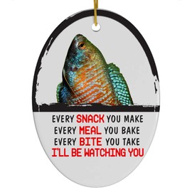 Every Snack You Make I'll Be Watching You Neon Blue Dwarf Gourami Christmas Ornament - Funny White Oval Ceramic Decoration Gifts for Gourami Lovers