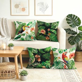 Joymaison 18x18 Set of 4 Tropical Green Leaves Throw Pillow Cushion Covers