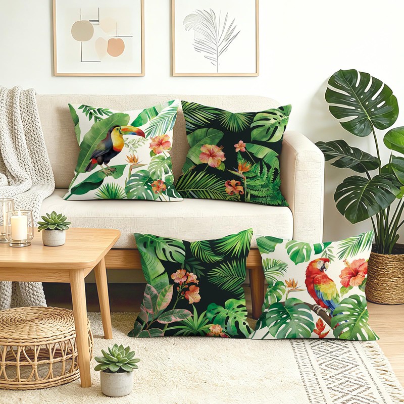 Joymaison 18x18 Set of 4 Tropical Green Leaves Throw Pillow