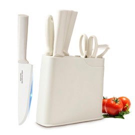 Knife Set with Block, 7 Piece White Knife Block set for Kitchen, Stainless Steel Coated Blade Knife Set, Utility Knife Set with Plastic Handle for Slicing Cutting, Kitchen Essentials (White)