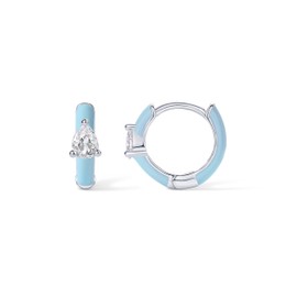 PAVOI 14K Gold Plated Sterling Silver Posts Enamel Earrings for Women | Colored Enamel Cubic Zirconia Huggie Hoop Earrings | Blue Pink Purple White Enamel Jewelry, White Gold - Blue Enamel, Cubic